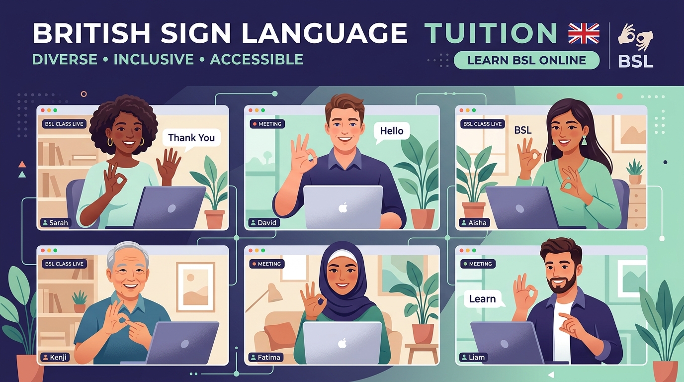 Online BSL live group class interface showing diverse students and tutor signing together.